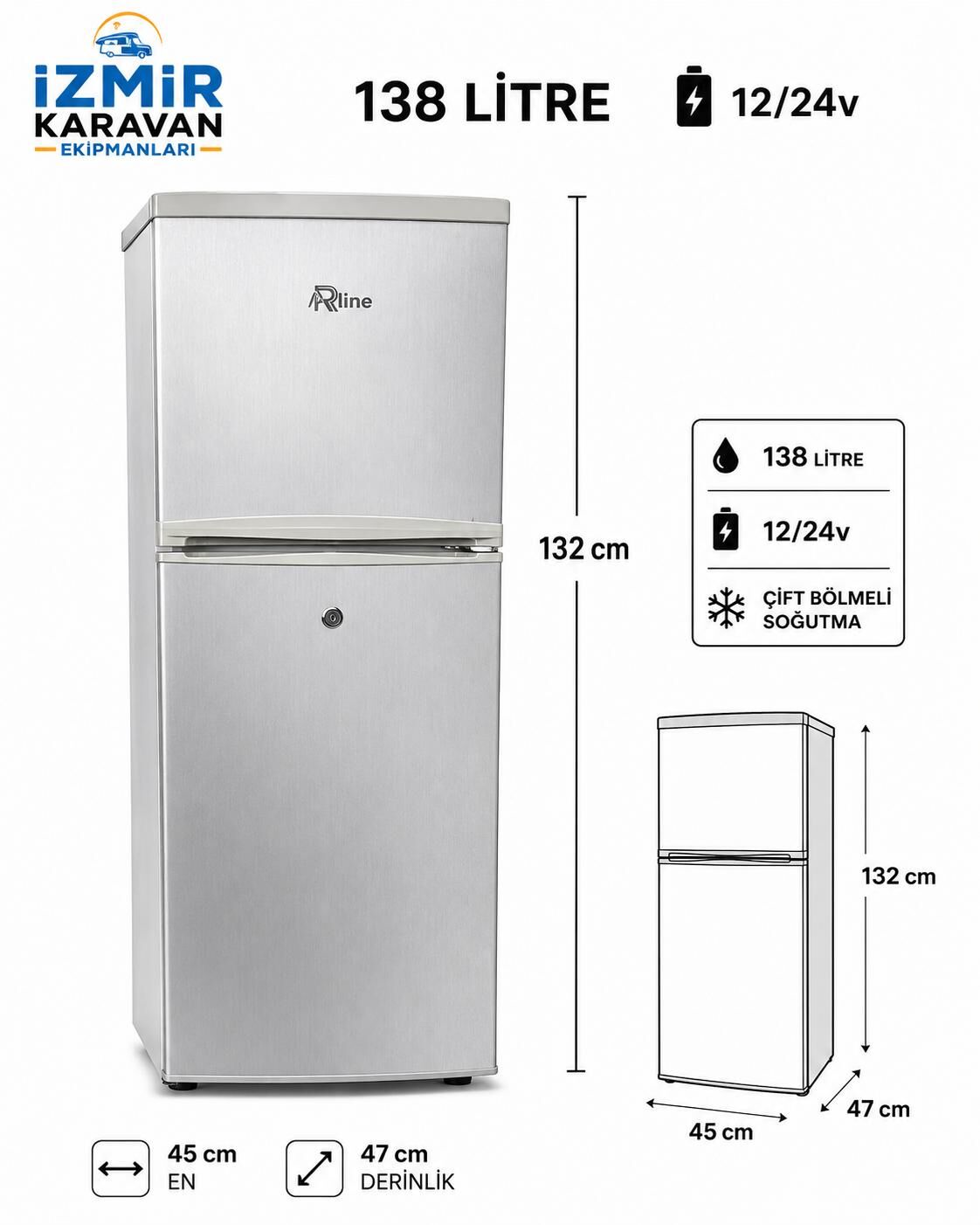 R-LİNE 138 litre  karavan tekne yat  buzdolabı 12/24v  gümüş gri