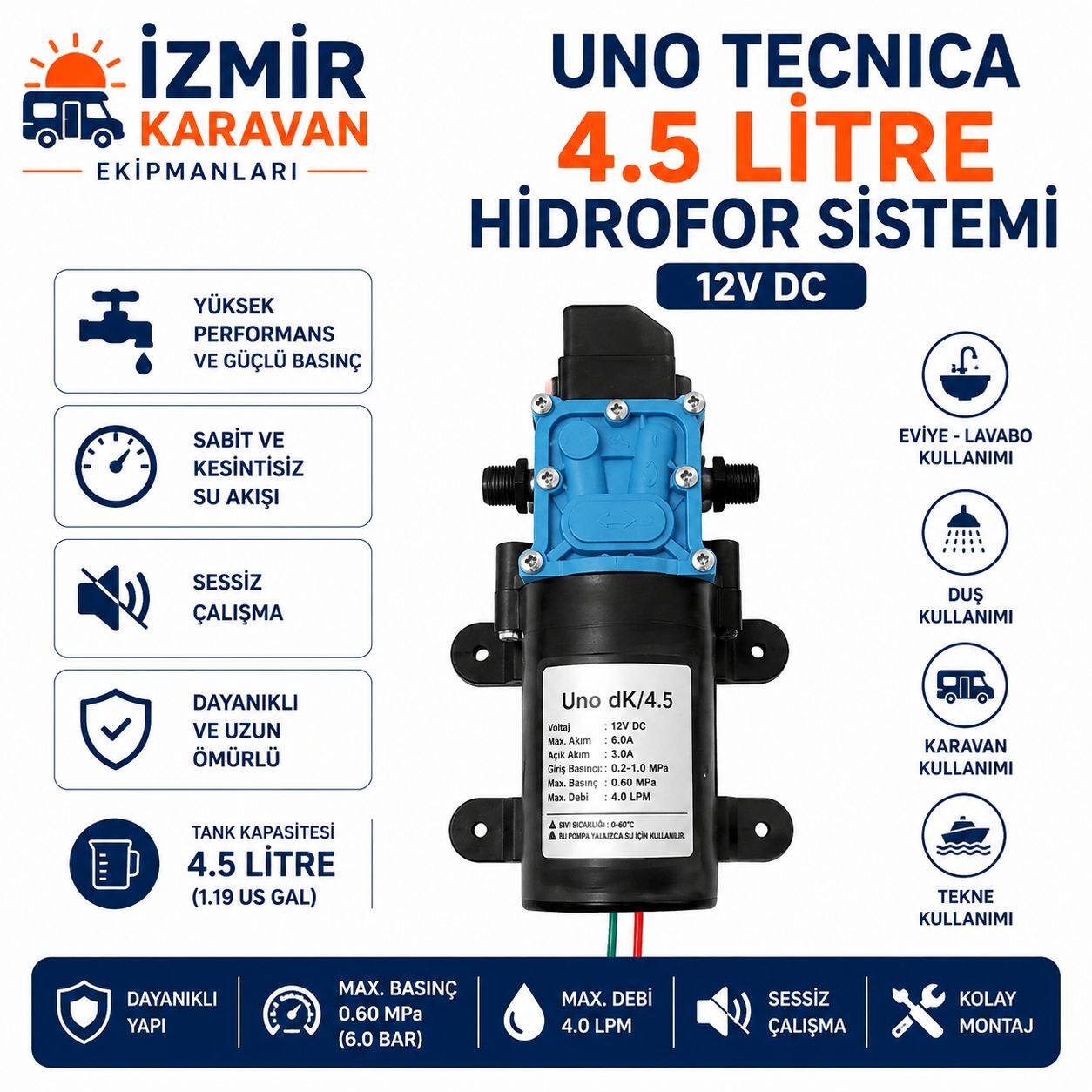 UNO TECNİCA HİDROFOR SU POMPASI 4.5 L/DK. 12V 35PSİ
