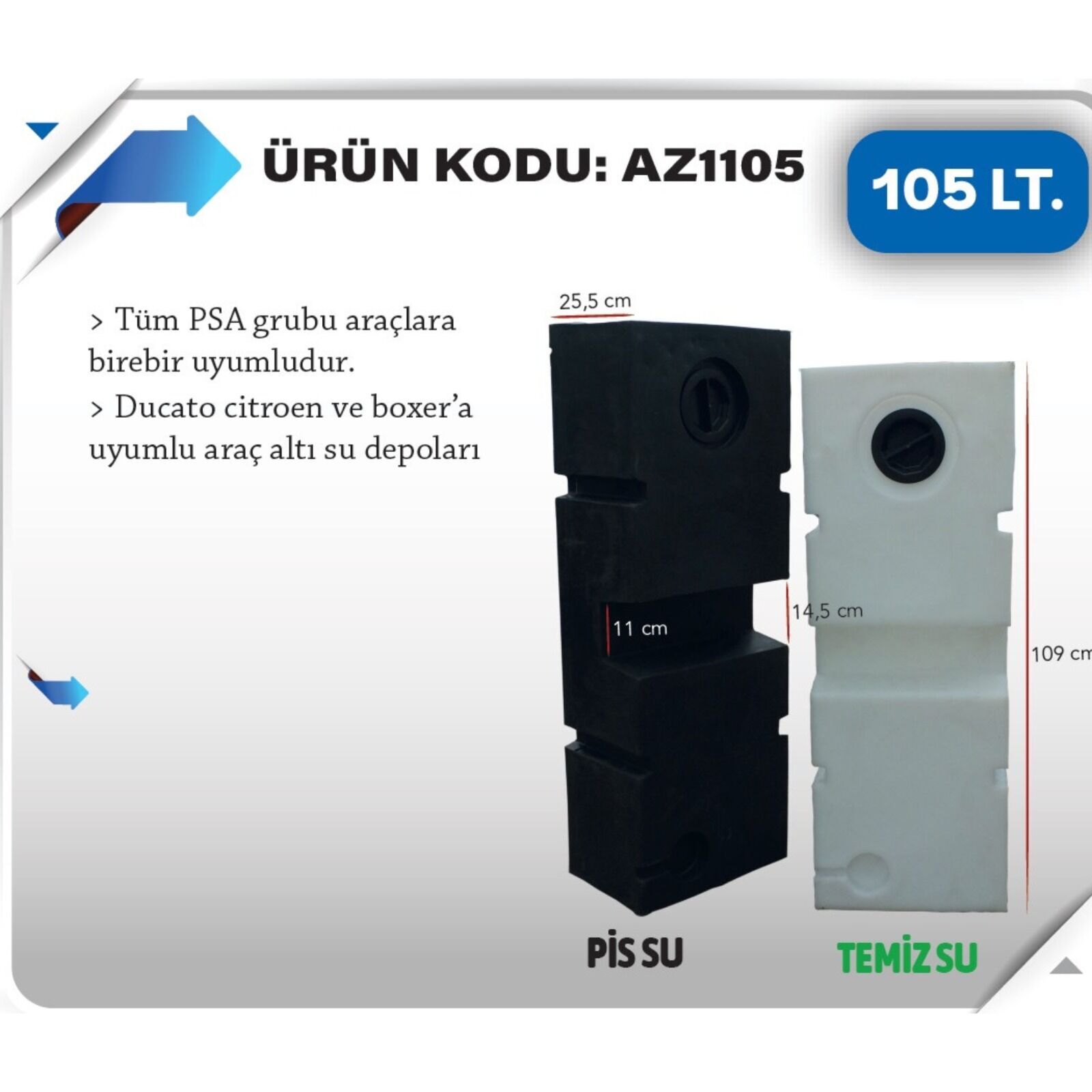 Karavan Temizsu Deposu 105 Litre 109x39x25cm Ducato Jumper Boxer Uyumlu