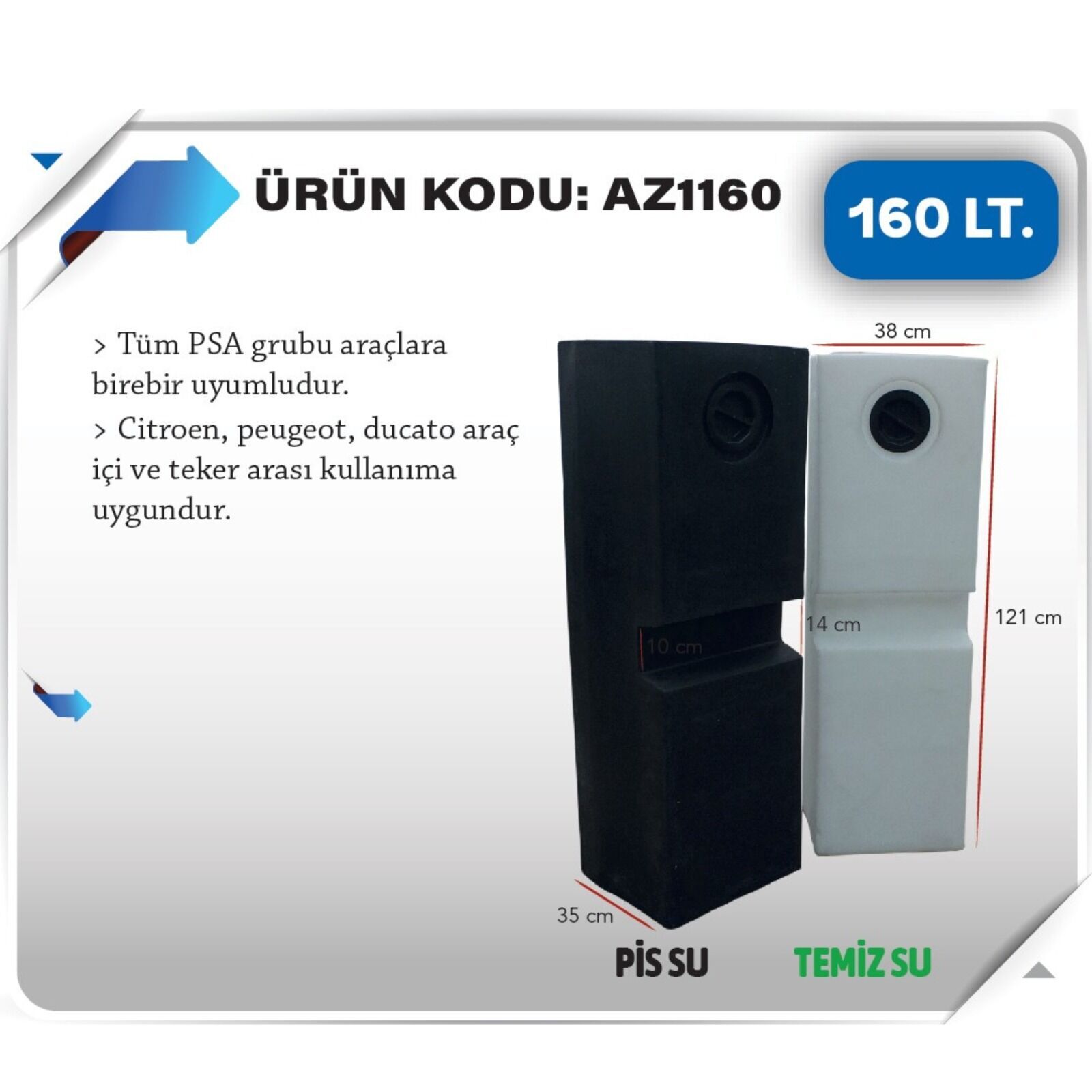 Karavan atık Su Deposu 160 Litre 121x38x35cm siyah