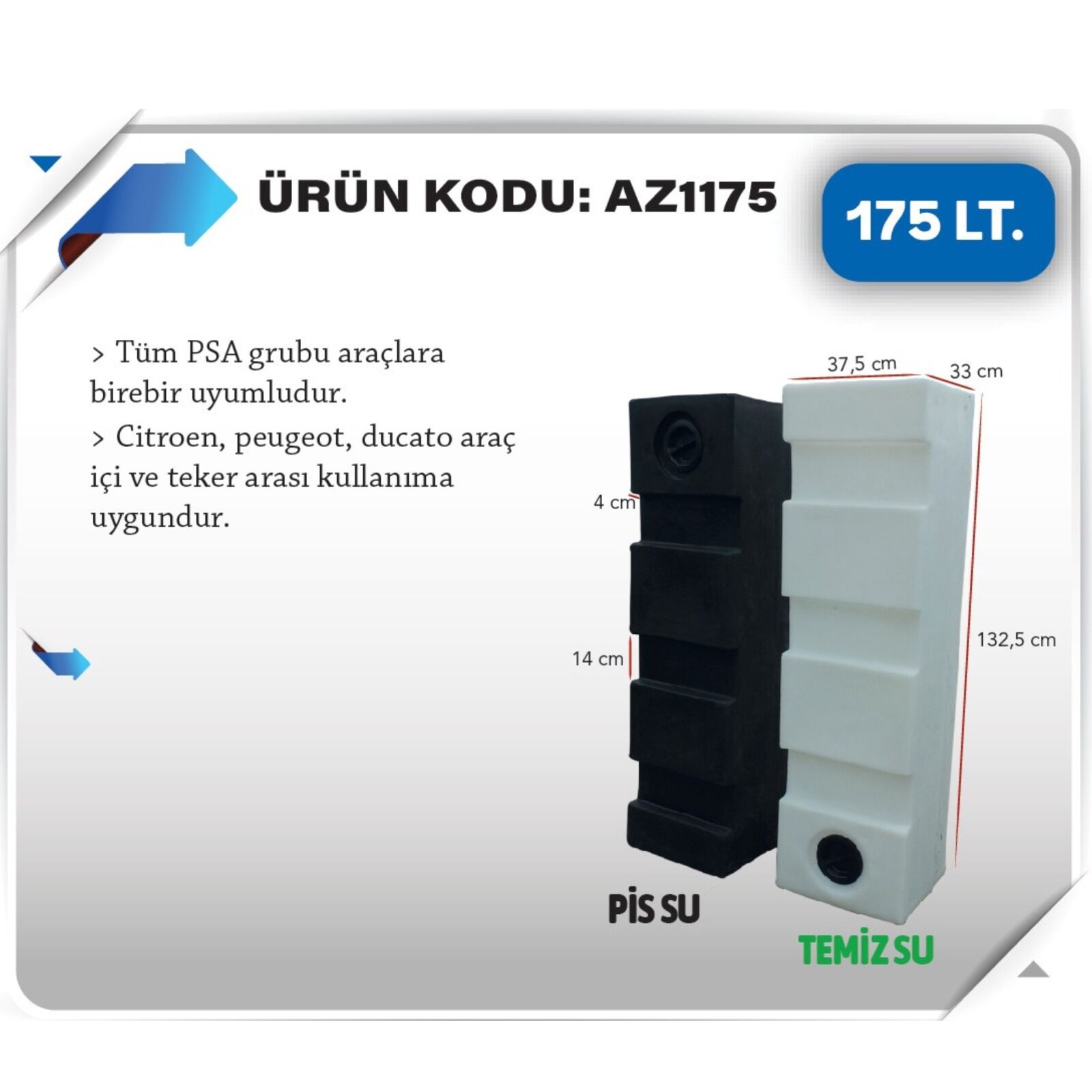 Karavan temiz Su Deposu 175 Litre 133x38x33cm  beyaz