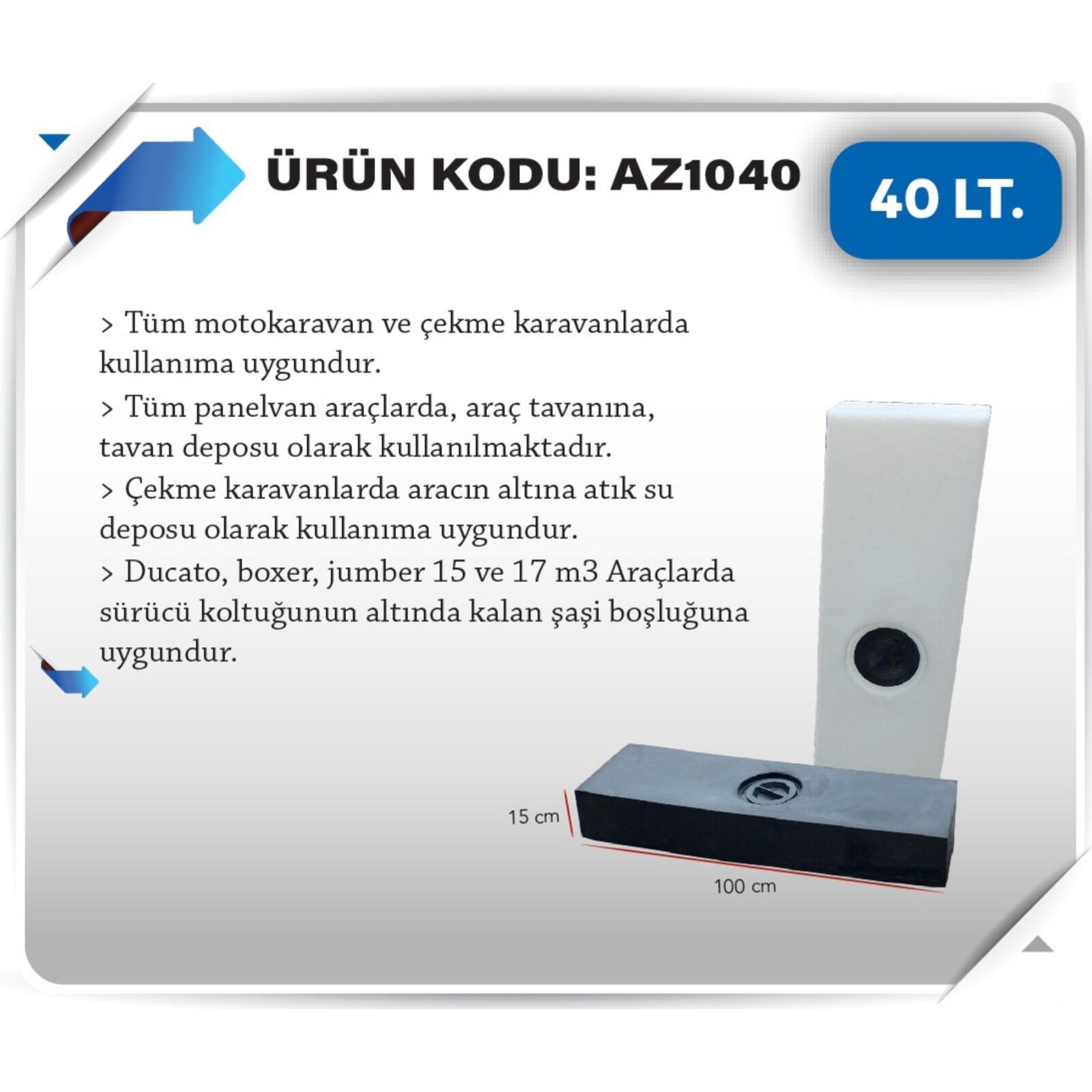 Karavan temiz Su Deposu 40 Litre 100x30x15cm beyaz