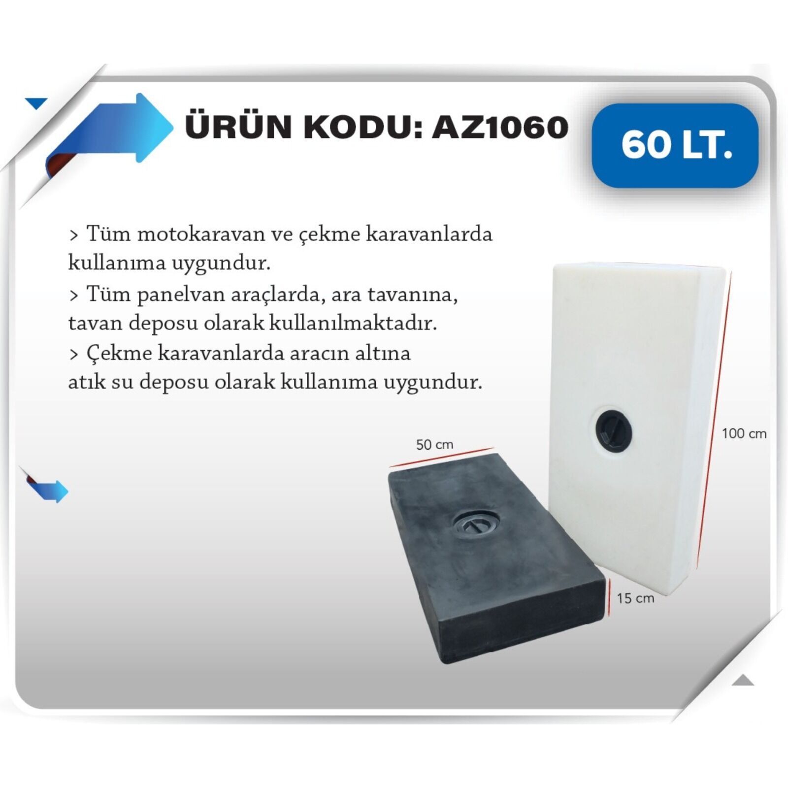 Karavan atık Su Deposu 60 Litre 100x50x15cm siyah