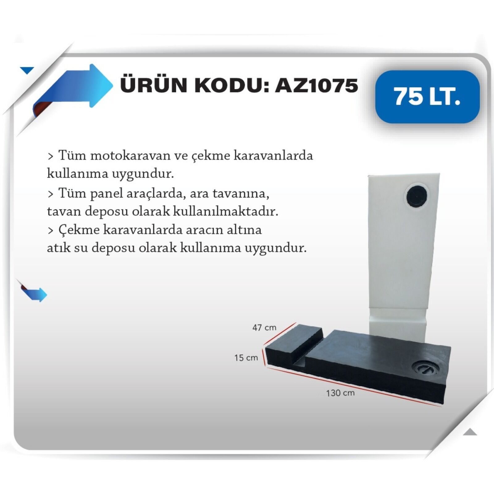 Karavan atık Su Deposu 75 Litre 130x47x15cm siyah
