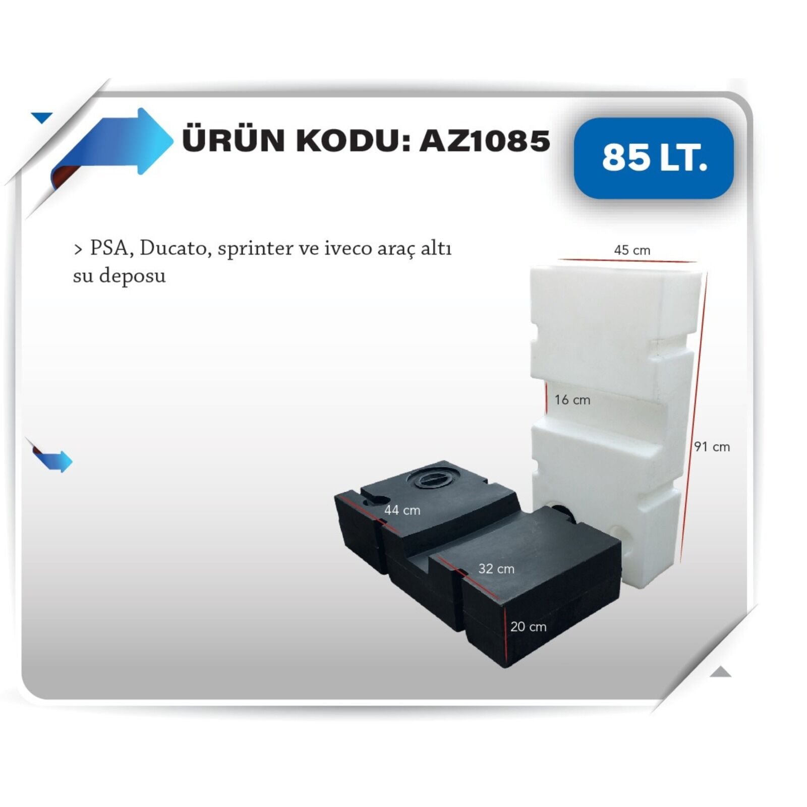 Karavan temiz Su Deposu 85 Litre 90x45x20cm  beyaz
