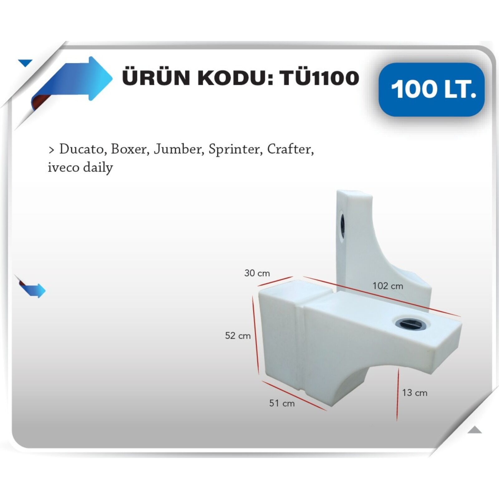 Karavan Su Deposu 100 Litre 102x30x52cm Teker Üstü Uyumlu