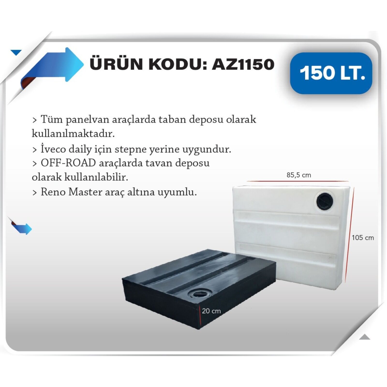 Karavan temiz Su Deposu 150 Litre 105x85x20cm Renault Master Uyumlu beyaz