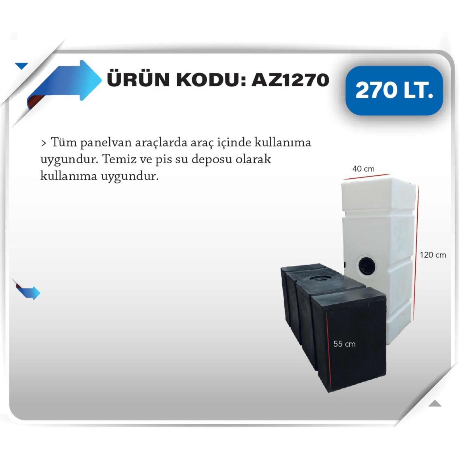 Karavan temiz Su Deposu 270 Litre 120x42x55cm beyaz