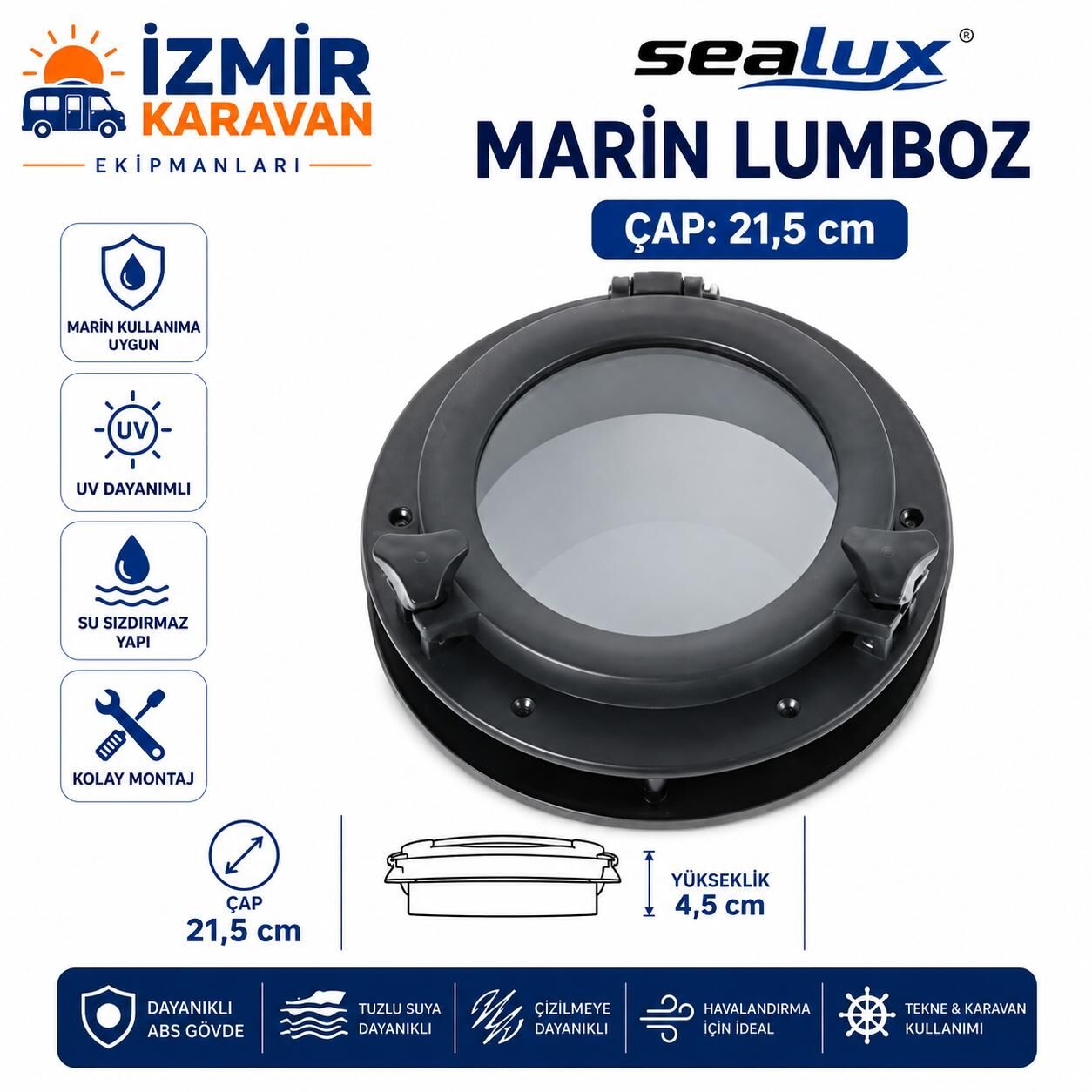 SEALUX TEKNE & YAT LUMBOZ İÇTEN MONTAJ SİYAH Ø21,5cm
