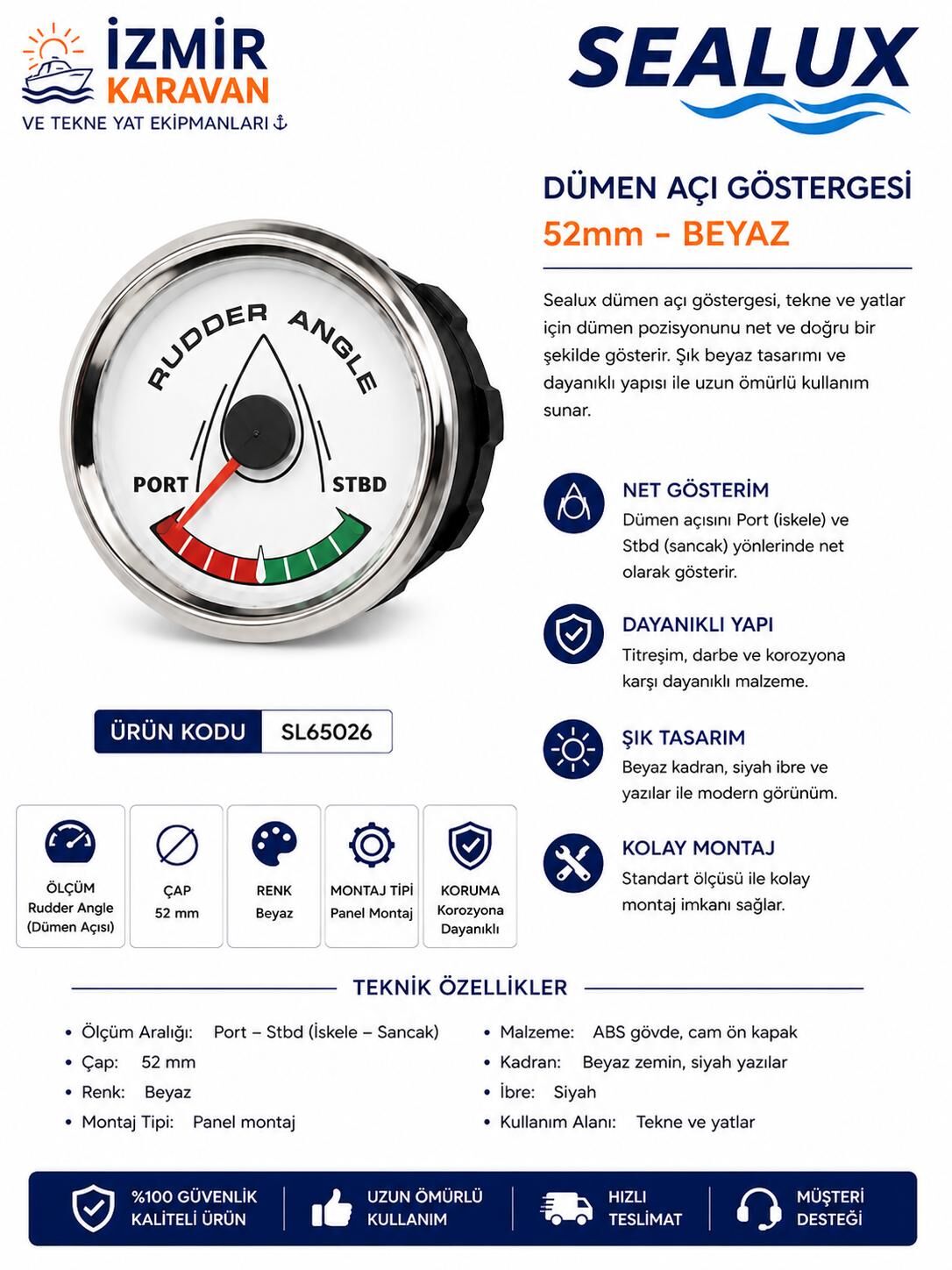 TEKNE DÜMEN AÇI GÖSTERGESİ 12/24v Ø52mm BEYAZ