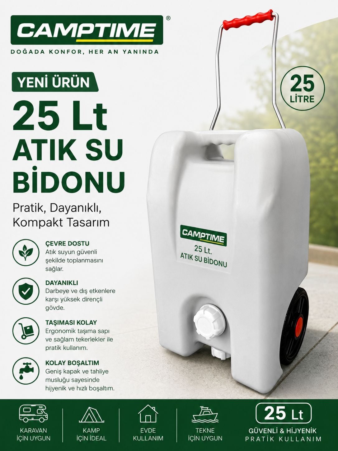 CAMPTİME Tekerlekli Atık Su Tankı (25 Litre) Gri Renk