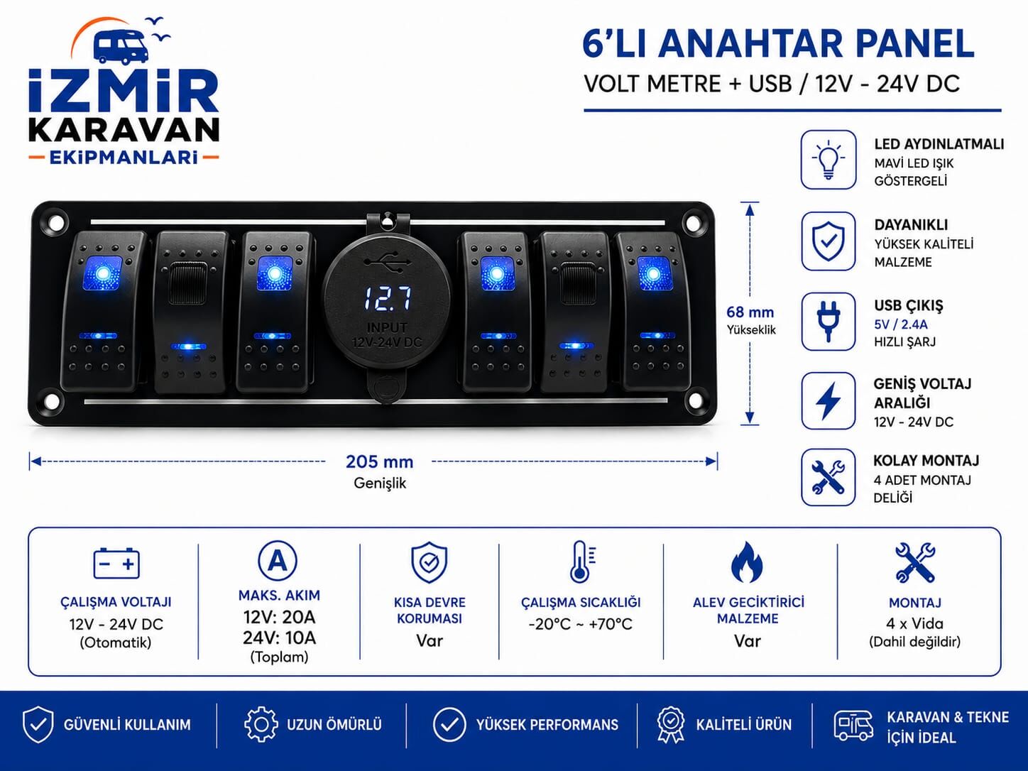 6 lı USB+TYPE-C VOLTMETRELİ  3.0 BÜYÜK TUŞ KONTROL PANELİ