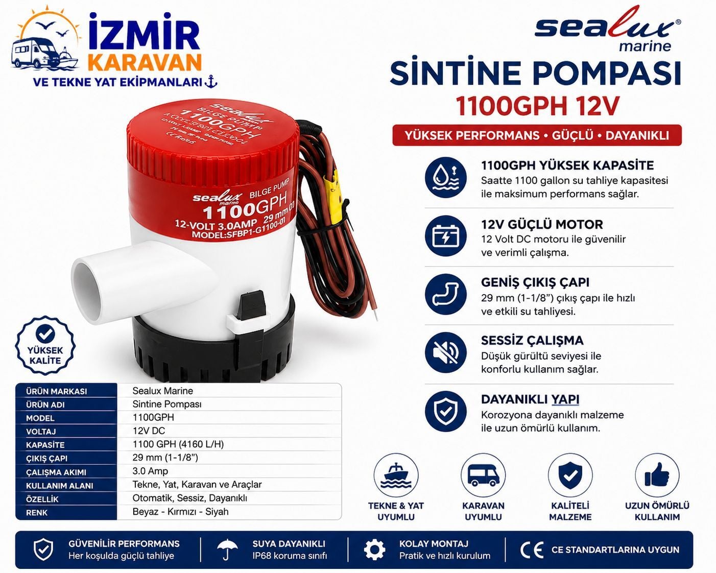 SEALUX SİNTİNE POMPASI SEALUX 1100gph 12v