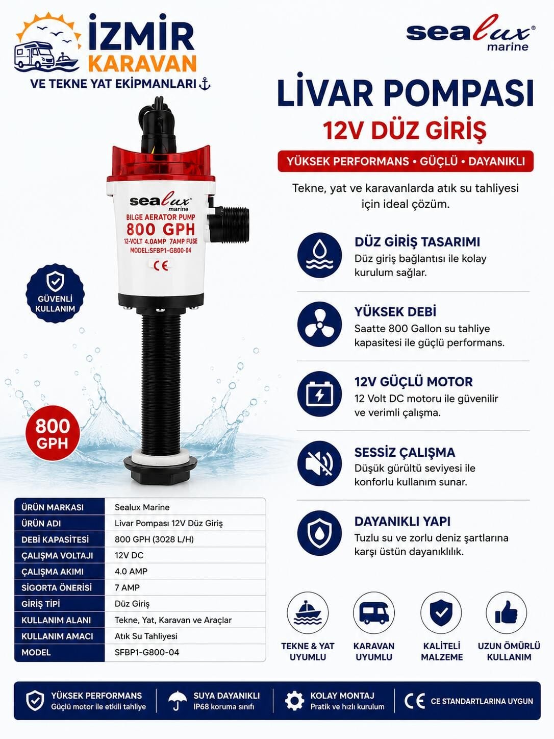 SEALUX LİVAR POMPASI 800GPH DÜZ GİRİŞ12V