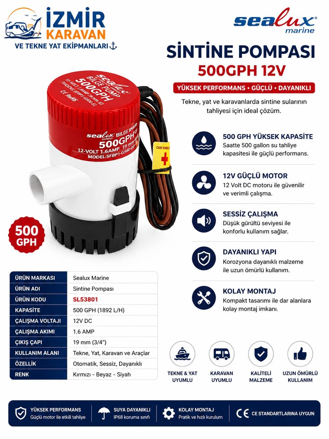 SEALUX SİNTİNE POMPASI SEALUX 500gph 12v