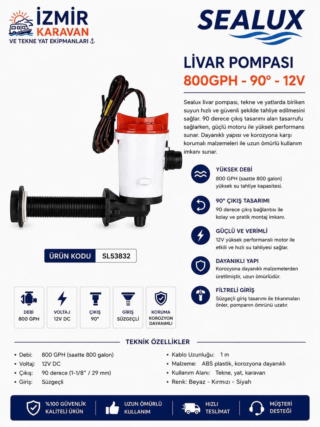 SEALUX LİVAR POMPASI 800GPH 90° GİRİŞ,12V