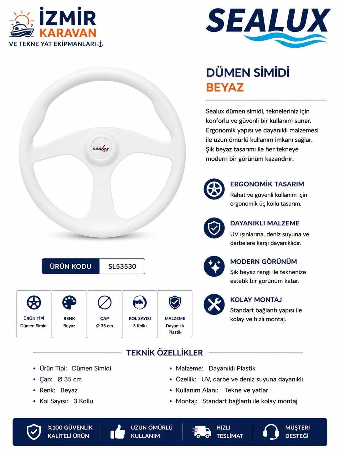 SEALUX TEKNE DÜMEN DİREKSİYON SİMİDİ BEYAZ Ø35cm