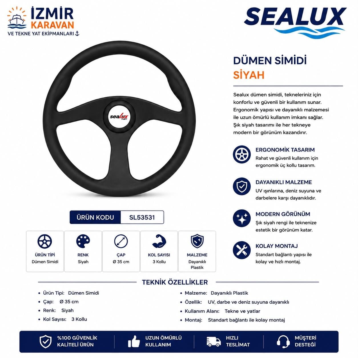 SEALUX TEKNE DÜMEN DİREKSİYON SİMİDİ SİYAH Ø35cm