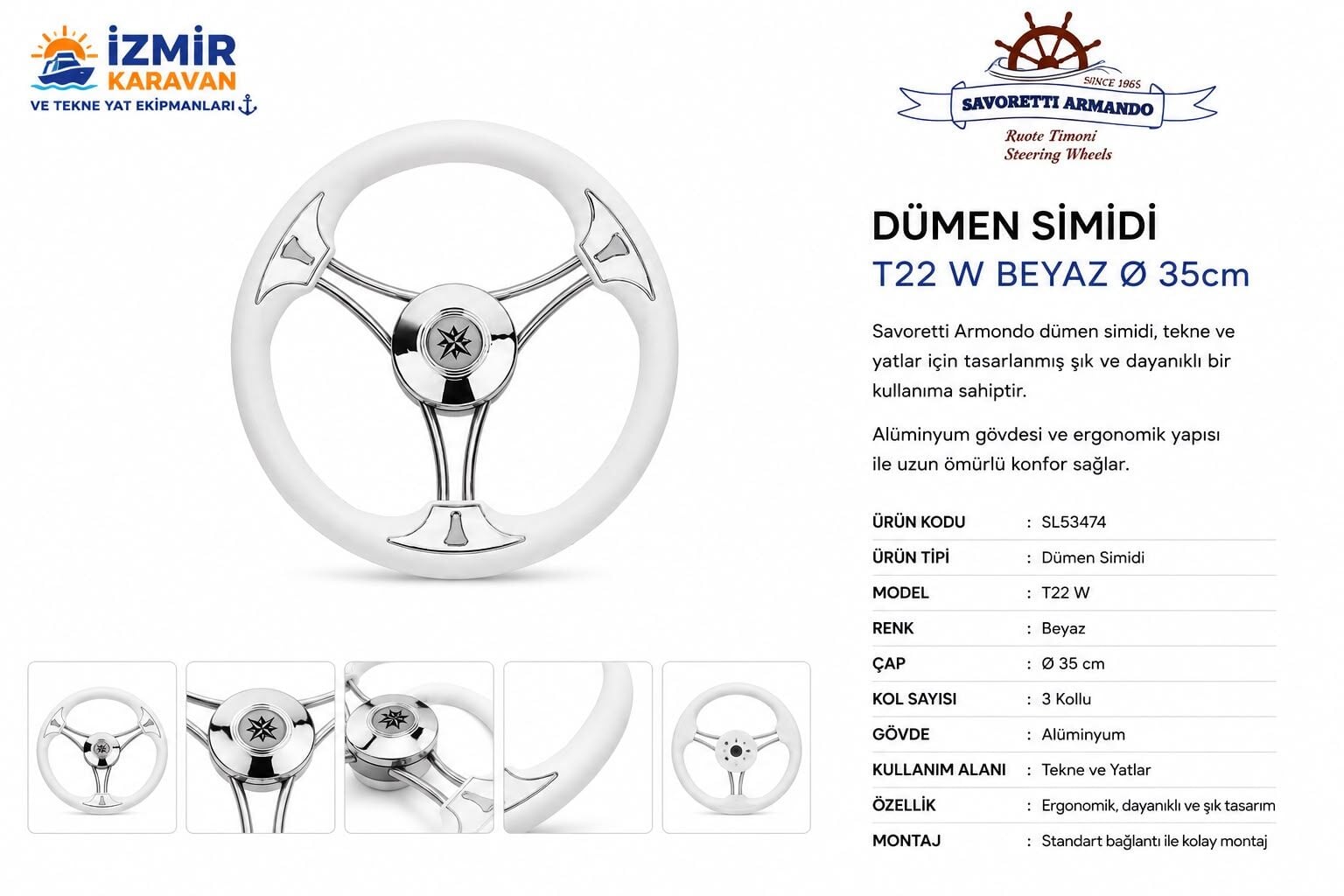 SAVORETTİ TEKNE T22/3W5 DİREKSİYON DÜMEN SİMİDİ BEYAZ  Ø35cM