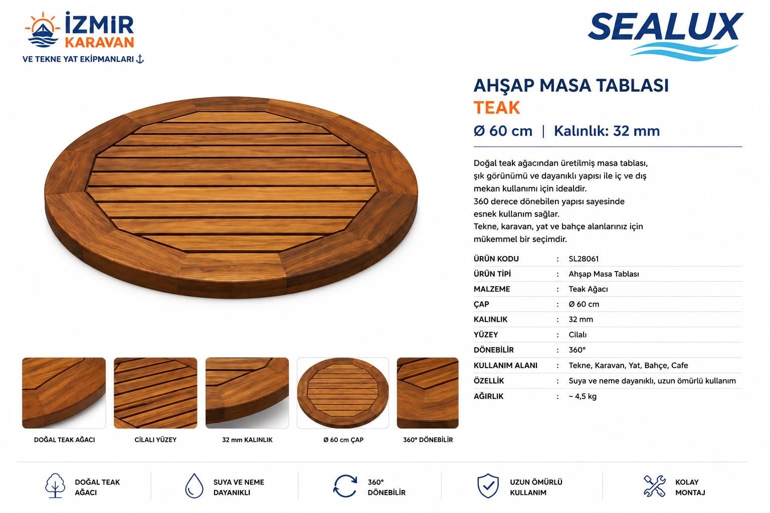 SEALUX TEKNE AHŞAP TEAK MASA TABLASI Ø60cm 32 MM