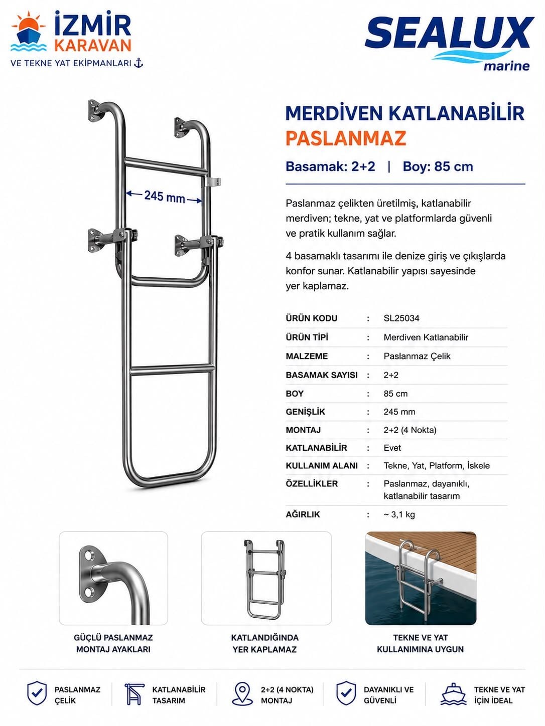 SEALUX KATLANIR TEKNE MERDİVENİ 2+2 CR-Nİ 85 CM