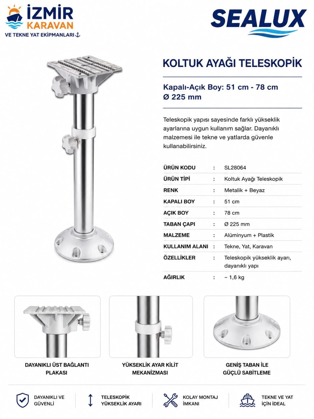 SEALUX TEKNE KOLTUK AYAĞI TELESKOPİK GRİ+BEYAZ 50-75cm