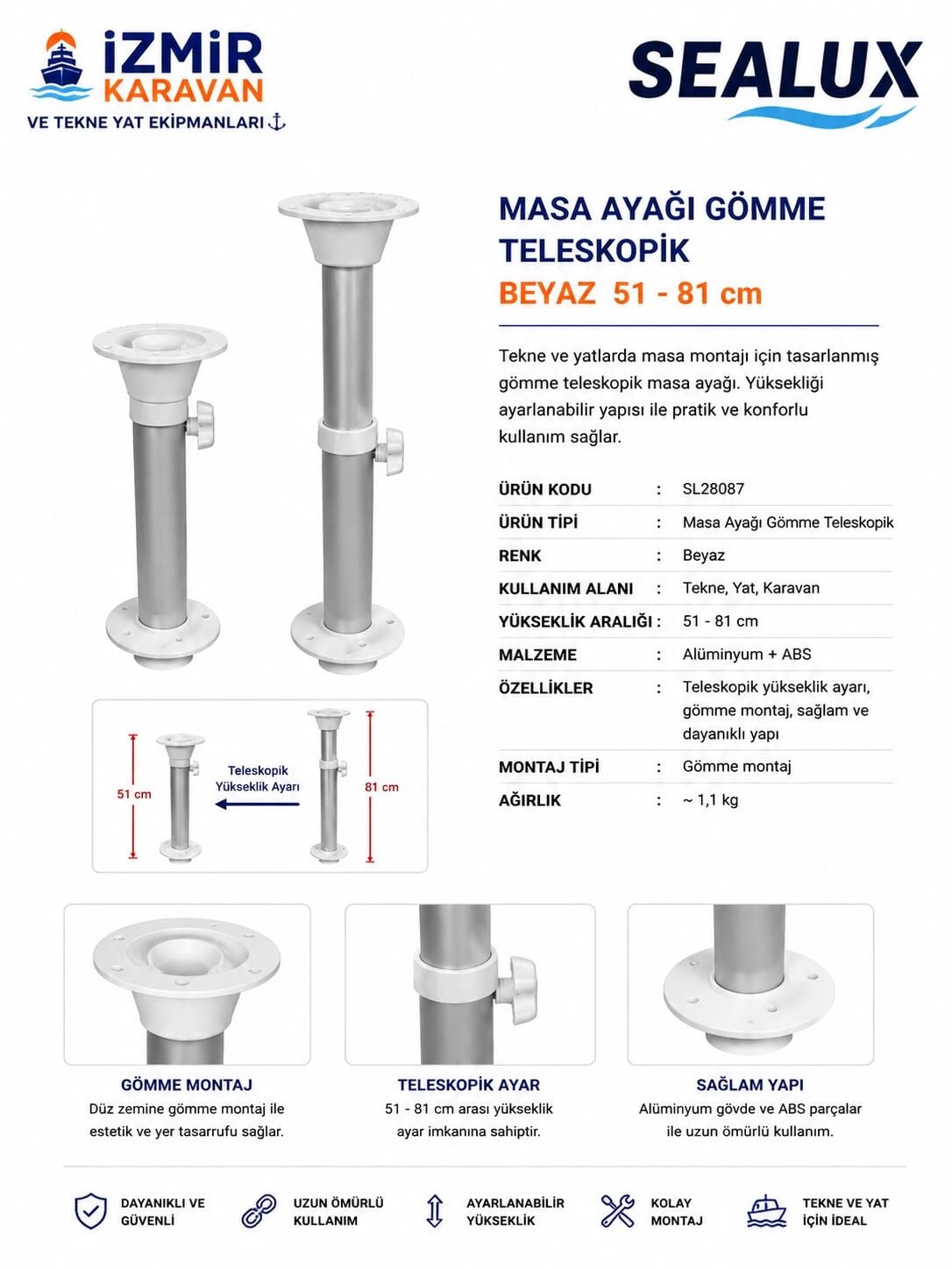 SEALUX TEKNE KARAVAN MASA AYAĞI TELESKOPİK GÖMME 51-81 CM
