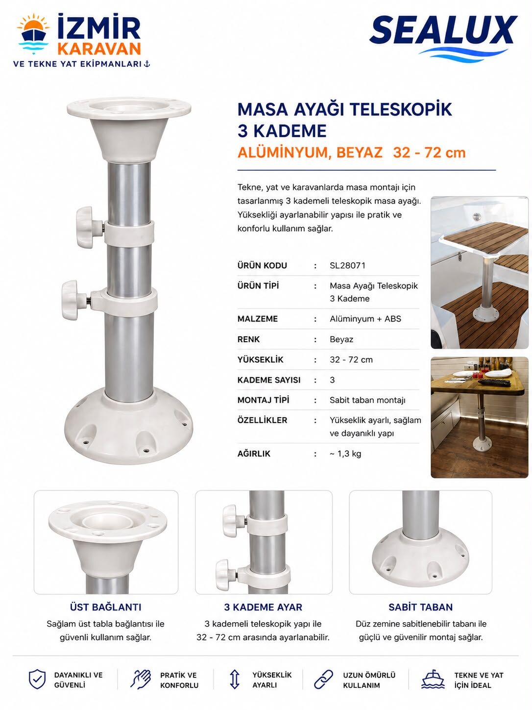 SEALUX TEKNE KARAVAN MASA AYAĞI TELESKOPİK 3 KADEME 32-72cm