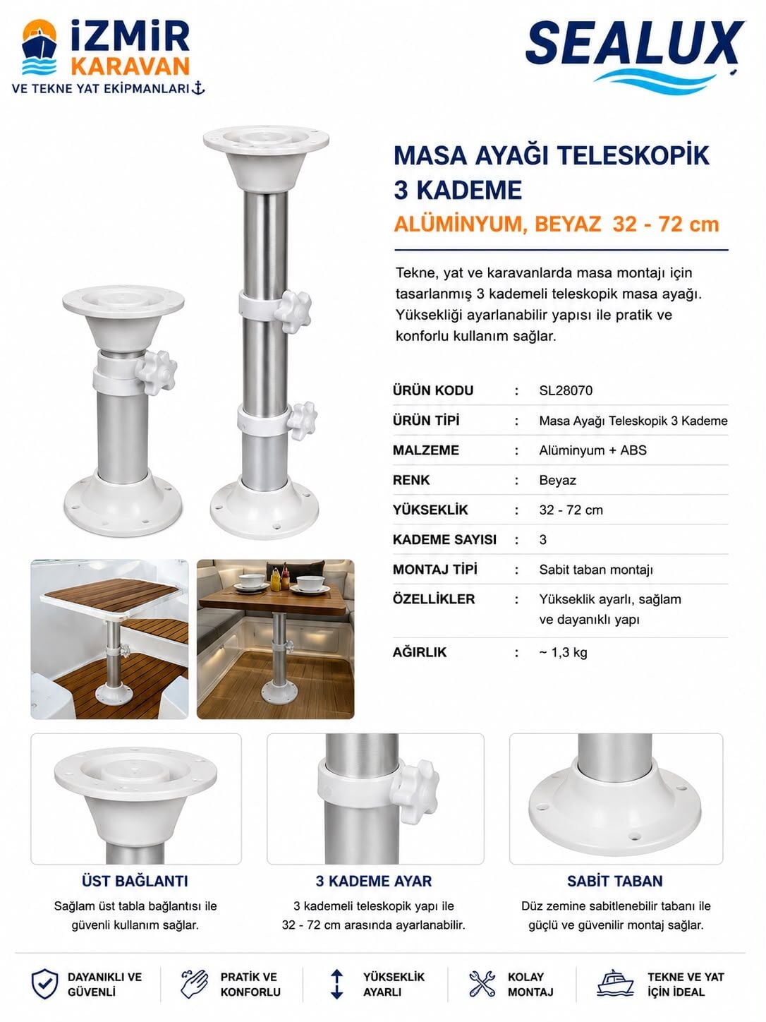SEALUX TEKNE KARAVAN MASA AYAĞI TELESKOPİK 3 KADEME 32-72CM
