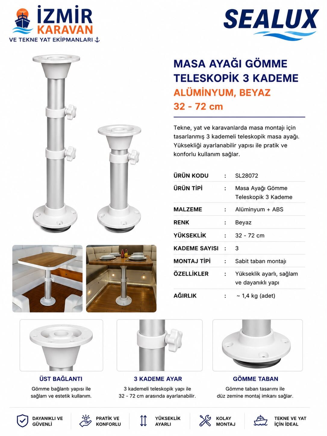 SEALUX TEKNE KARAVAN MASA AYAGI TELESKOPİK 3 KADEME GÖMME 32-72 CM
