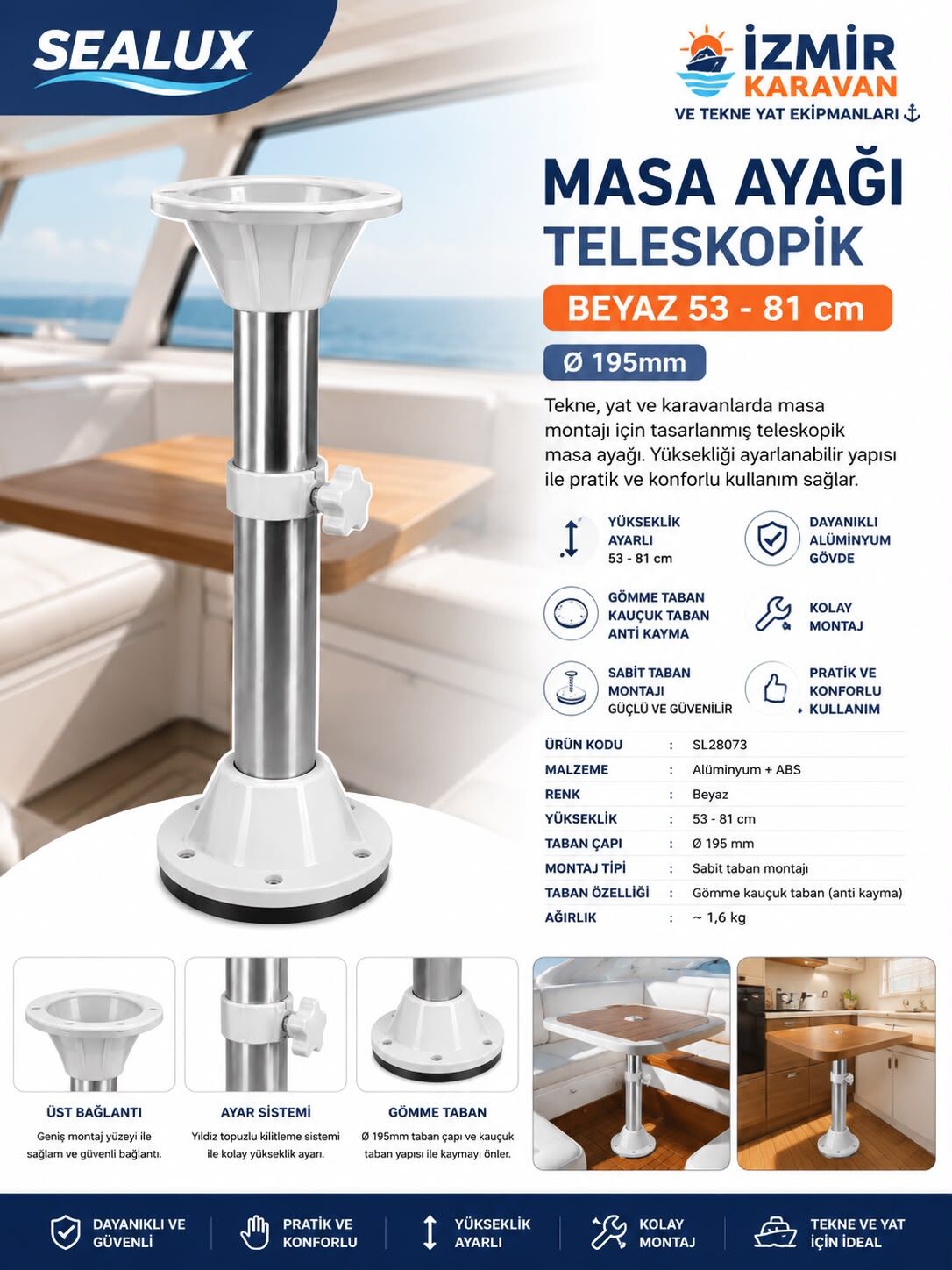 SEALUX TEKNE KARAVAN MASA AYAĞI TELESKOPİK BEYAZ 51-81cm