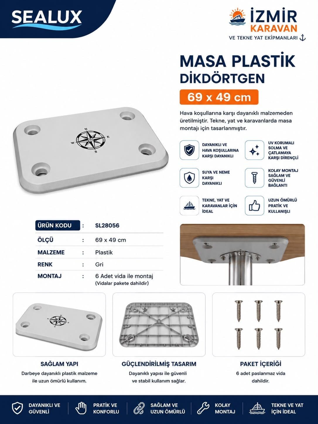 SEALUX TEKNE  MASA TABLA PLASTİK DİKDÖRTGEN 69x49cm
