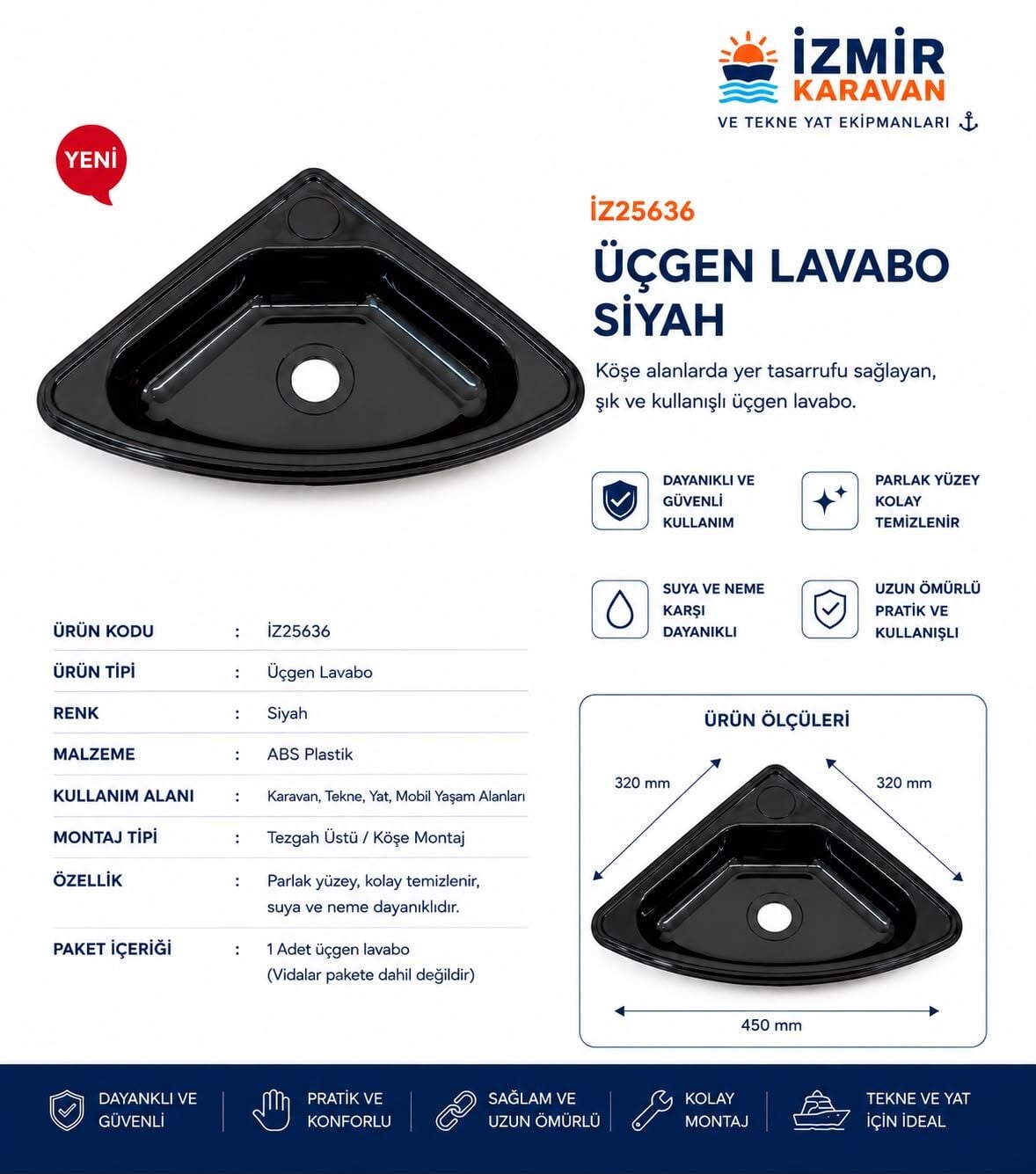 KARAVAN TEKNE BANYO WC Plastik üçgen lavabo siyah