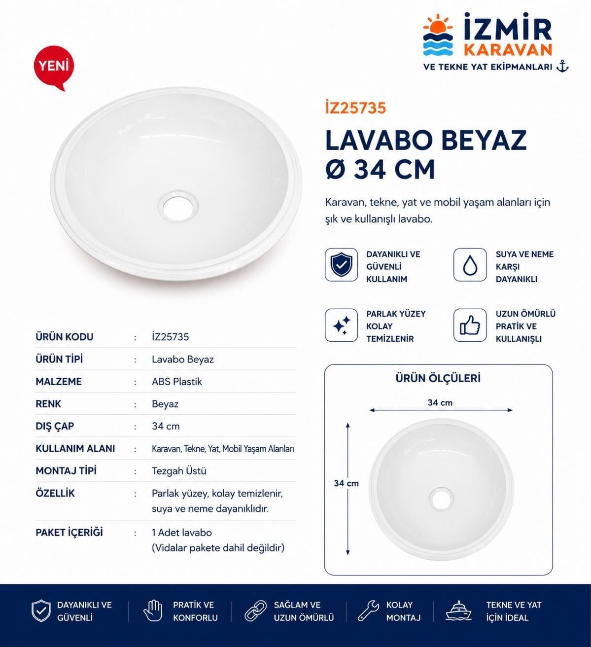 karavan tekne Plastik yuvarlak eviye lavabo beyaz ( dış çap 34 cm)