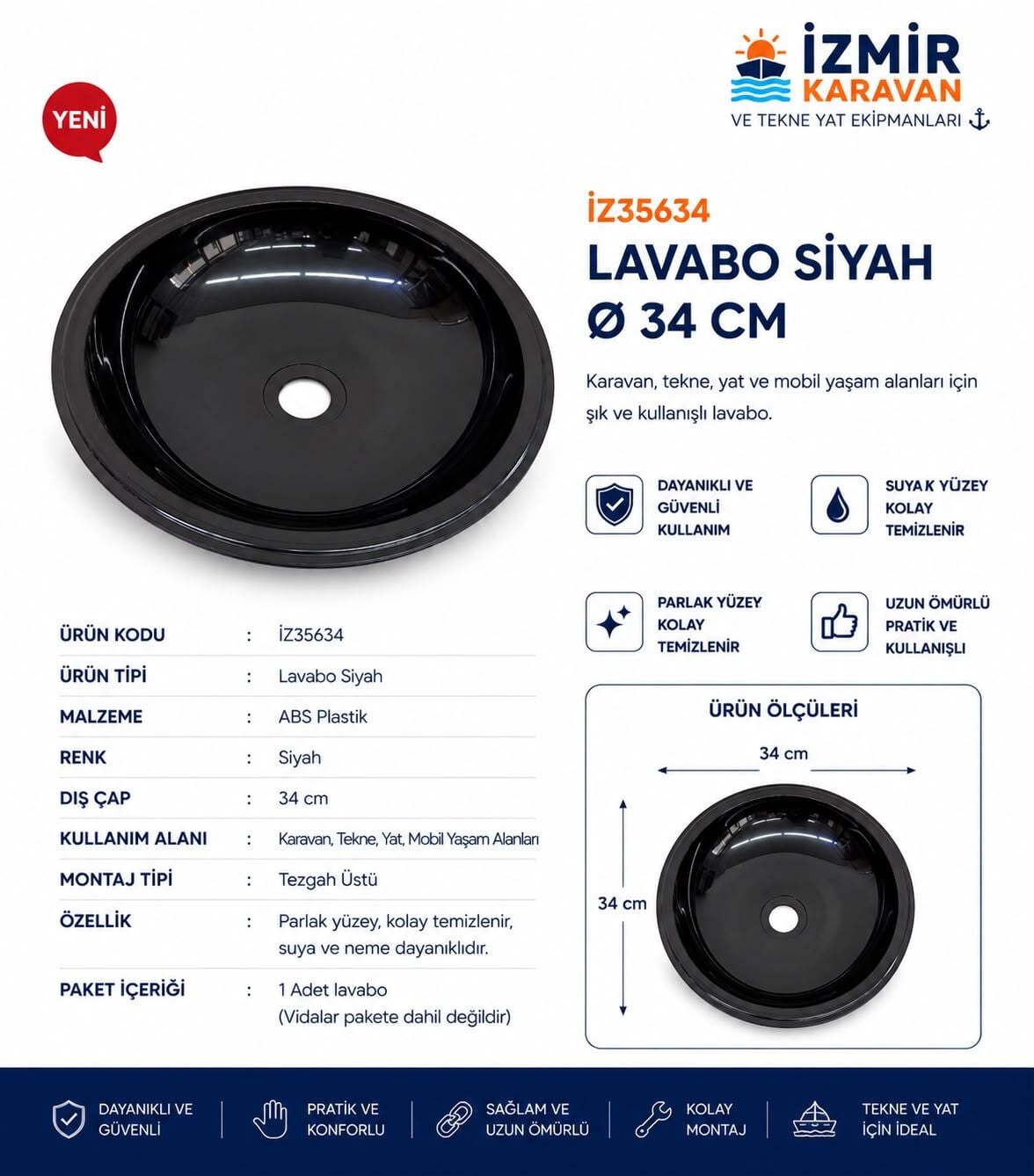 karavan tekne Plastik yuvarlak eviye lavabo SİYAH ( dış çap 34 cm)